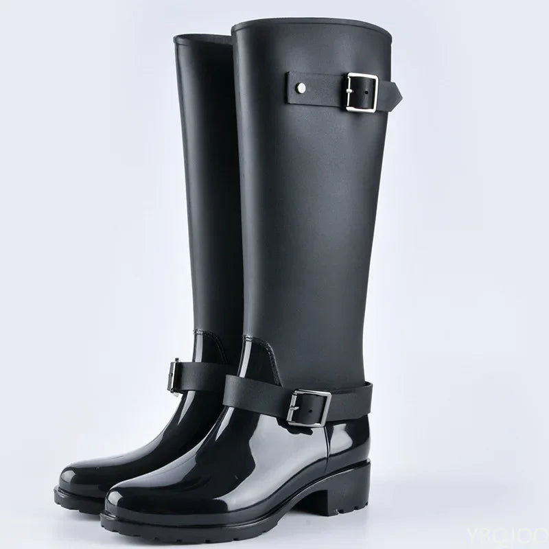 Elegante Hohe Regenstiefel für Damen – Wasserdichte Gummistiefel mit Absatz und Schnallen für den Herbst