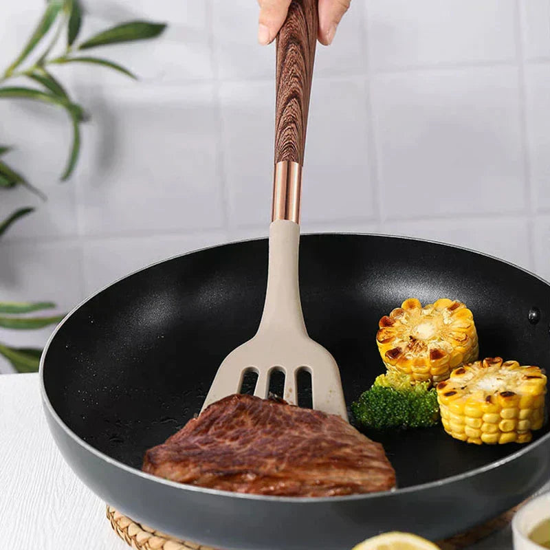 Silikraft Kochgeschirr-Set – Hitzebeständiges Silikon mit Holzgriffen für einfache und stilvolle Küche