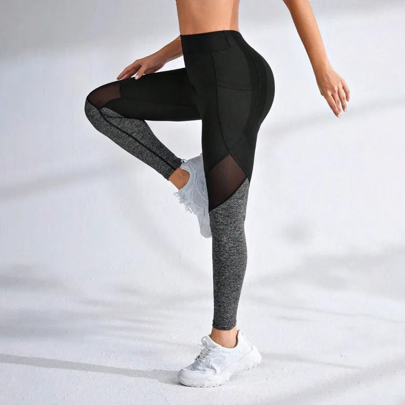 Damen Nahtlose Mesh Leggings - Hohe Taille Push-Up Yogahosen mit Seitentasche