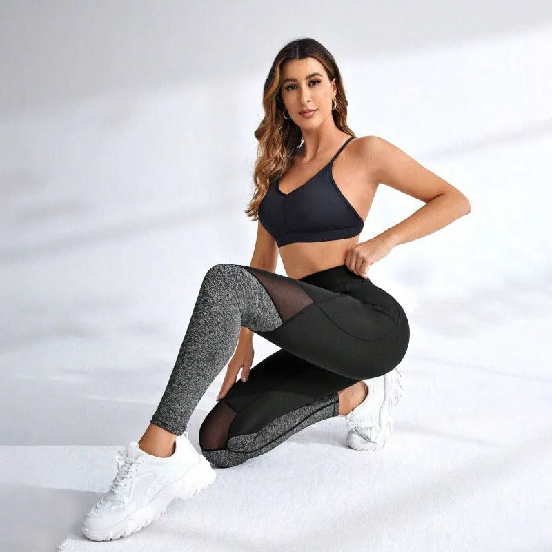 Damen Nahtlose Mesh Leggings - Hohe Taille Push-Up Yogahosen mit Seitentasche