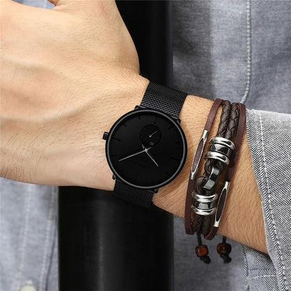 TechnoVibe Luxe All Black Edelstahl - Elegante Analoguhr, Modern & Minimalistisch