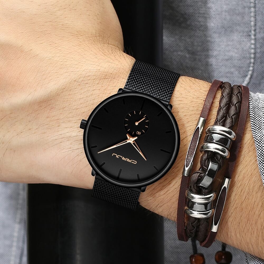 TechnoVibe Luxe All Black Edelstahl - Elegante Analoguhr, Modern & Minimalistisch