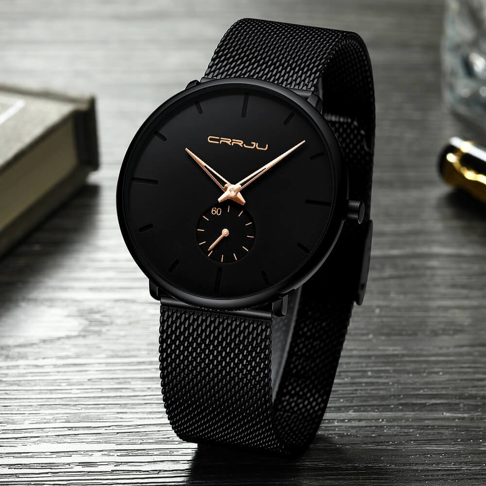 TechnoVibe Luxe All Black Edelstahl - Elegante Analoguhr, Modern & Minimalistisch