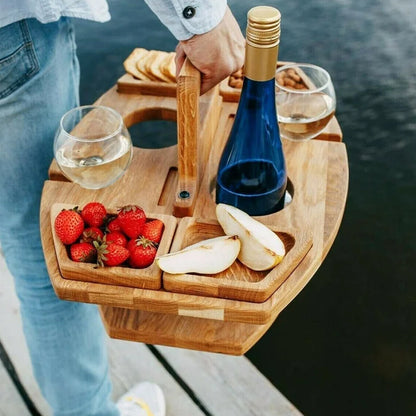 faltbarer Picknicktisch aus Holz – Tragbarer Weintisch für Garten und Outdoor mit Glashalter, 4 Snackfächer und Flaschenhalter