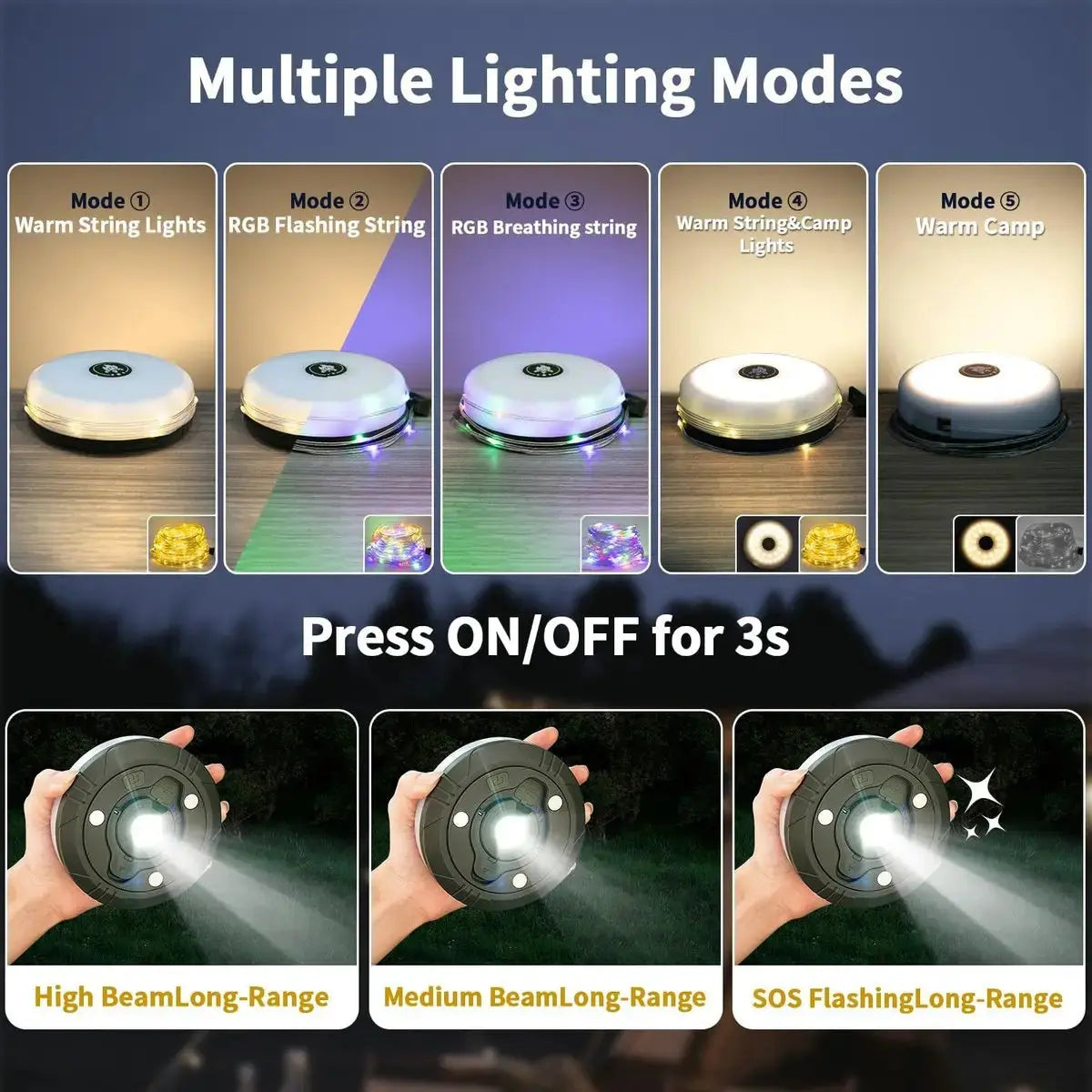 Vielseitige 4-in-1 Campinglampe: Lichterkette, Laterne & Powerbank für unvergessliche Outdoor-Erlebnisse