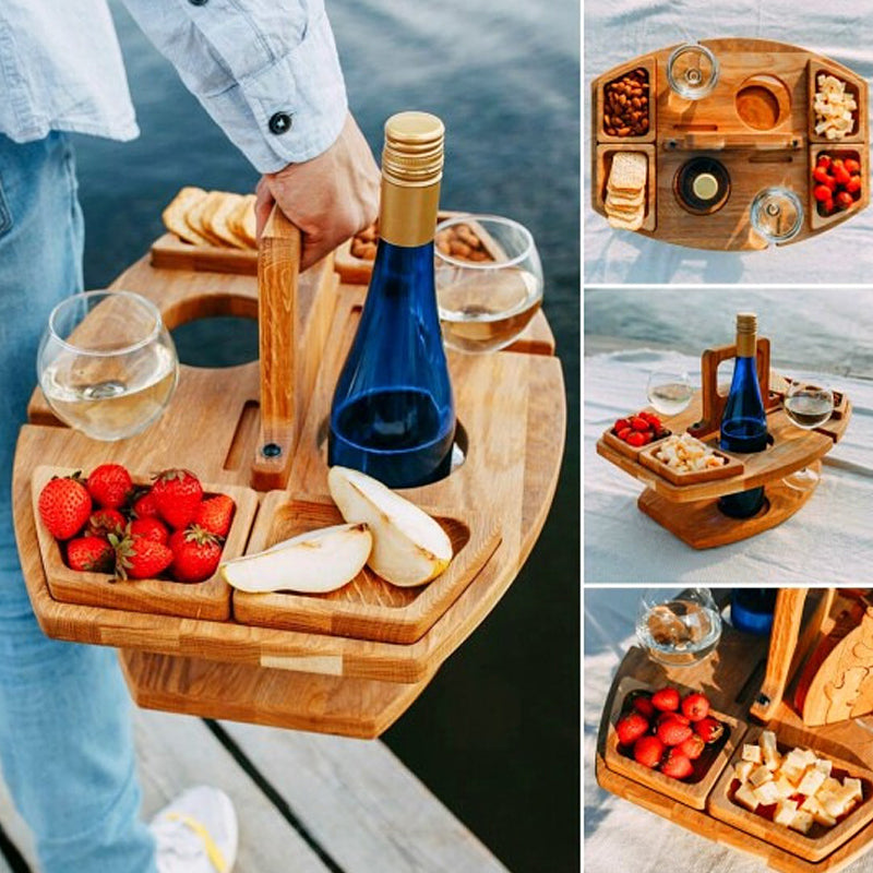faltbarer Picknicktisch aus Holz – Tragbarer Weintisch für Garten und Outdoor mit Glashalter, 4 Snackfächer und Flaschenhalter