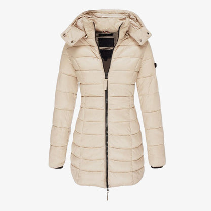Steppmantel lang mit Kapuze für Damen – Warm gefütterter Wintermantel