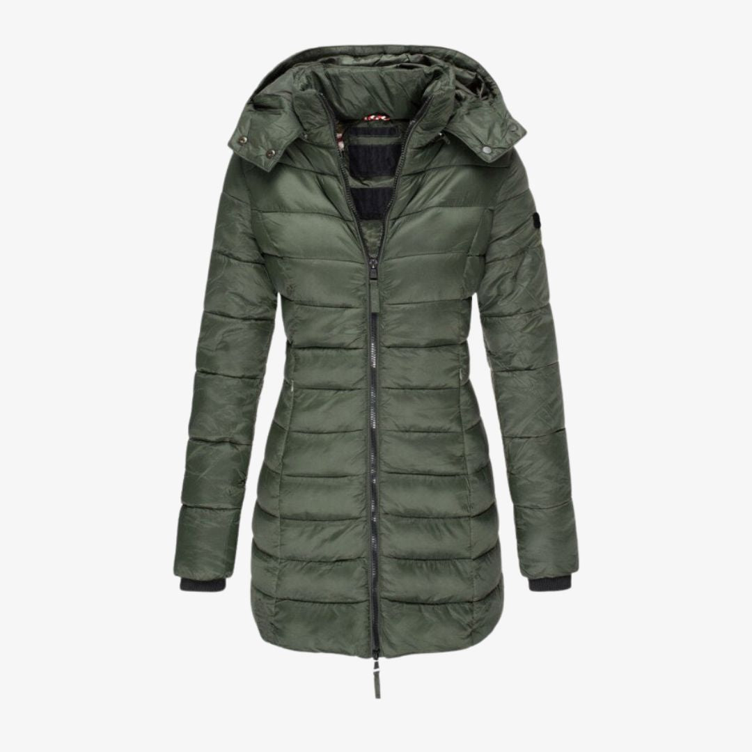 Steppmantel lang mit Kapuze für Damen – Warm gefütterter Wintermantel