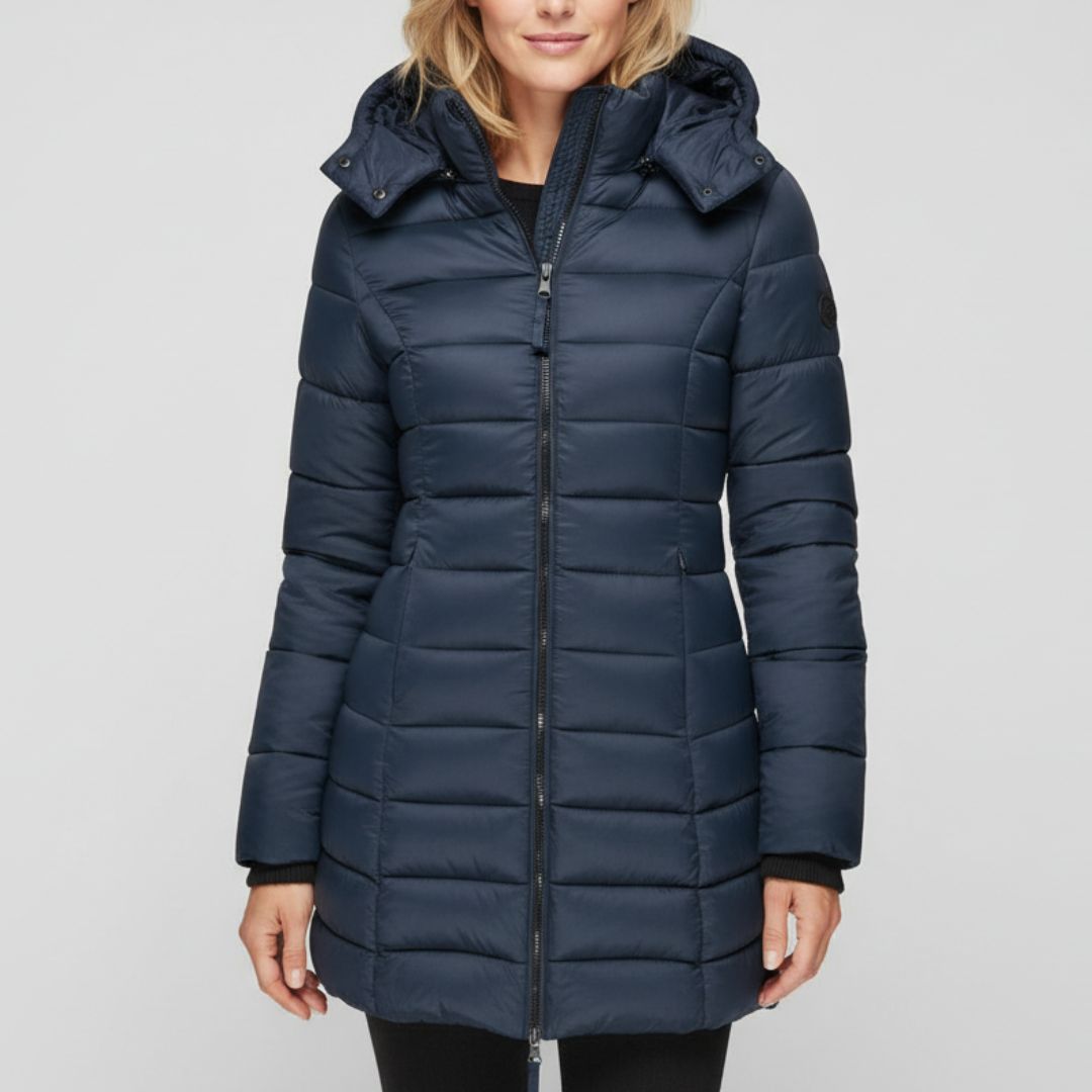 Steppmantel lang mit Kapuze für Damen – Warm gefütterter Wintermantel