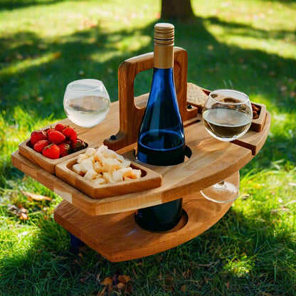 faltbarer Picknicktisch aus Holz – Tragbarer Weintisch für Garten und Outdoor mit Glashalter, 4 Snackfächer und Flaschenhalter