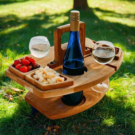 faltbarer Picknicktisch aus Holz – Tragbarer Weintisch für Garten und Outdoor mit Glashalter, 4 Snackfächer und Flaschenhalter