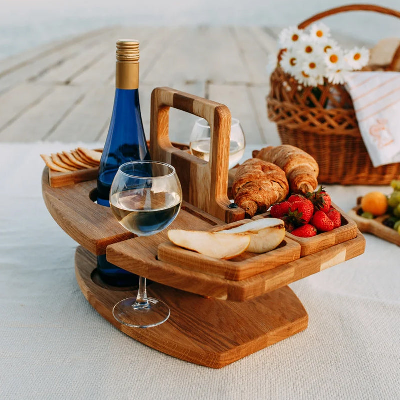 faltbarer Picknicktisch aus Holz – Tragbarer Weintisch für Garten und Outdoor mit Glashalter, 4 Snackfächer und Flaschenhalter