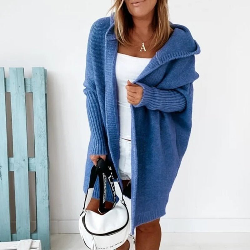 Strickjacke mit Kapuze für Damen – Langer Oversize Cardigan aus Grobstrick für den Winter