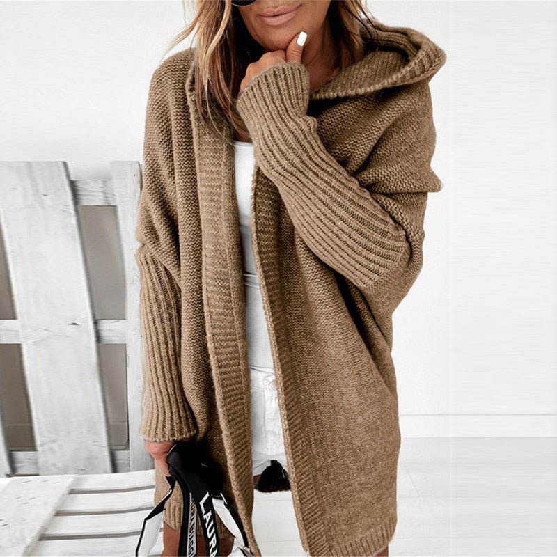 Strickjacke mit Kapuze für Damen – Langer Oversize Cardigan aus Grobstrick für den Winter