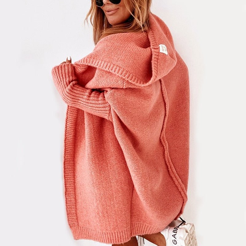 Strickjacke mit Kapuze für Damen – Langer Oversize Cardigan aus Grobstrick für den Winter
