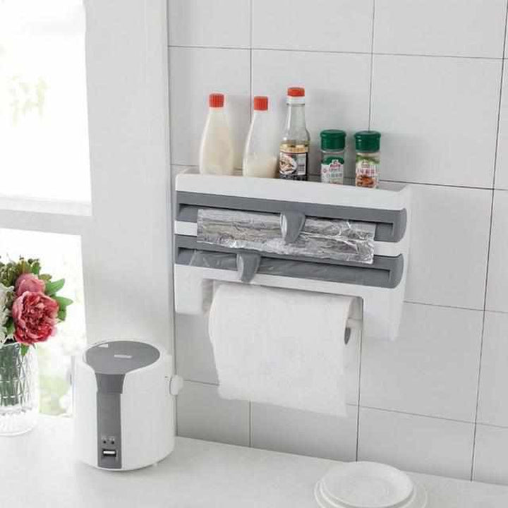 RollerRack - Multifunktionaler Küchenrollenhalter mit Frischhaltefolien-Schneider und Gewürzregal