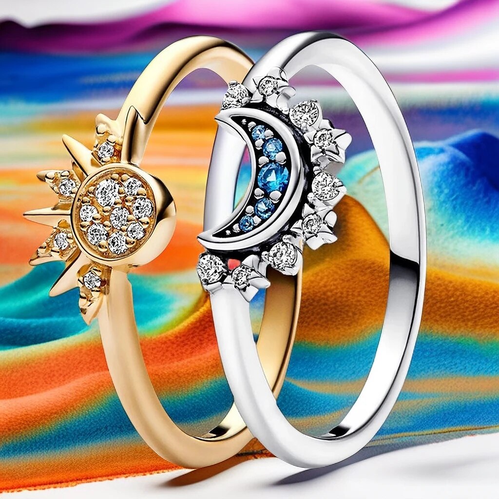 Funkelnder Mond & Sonne Silberkristallring - Himmlische Eleganz für Damen