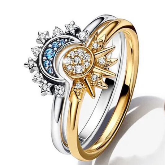 Funkelnder Mond & Sonne Silberkristallring - Himmlische Eleganz für Damen