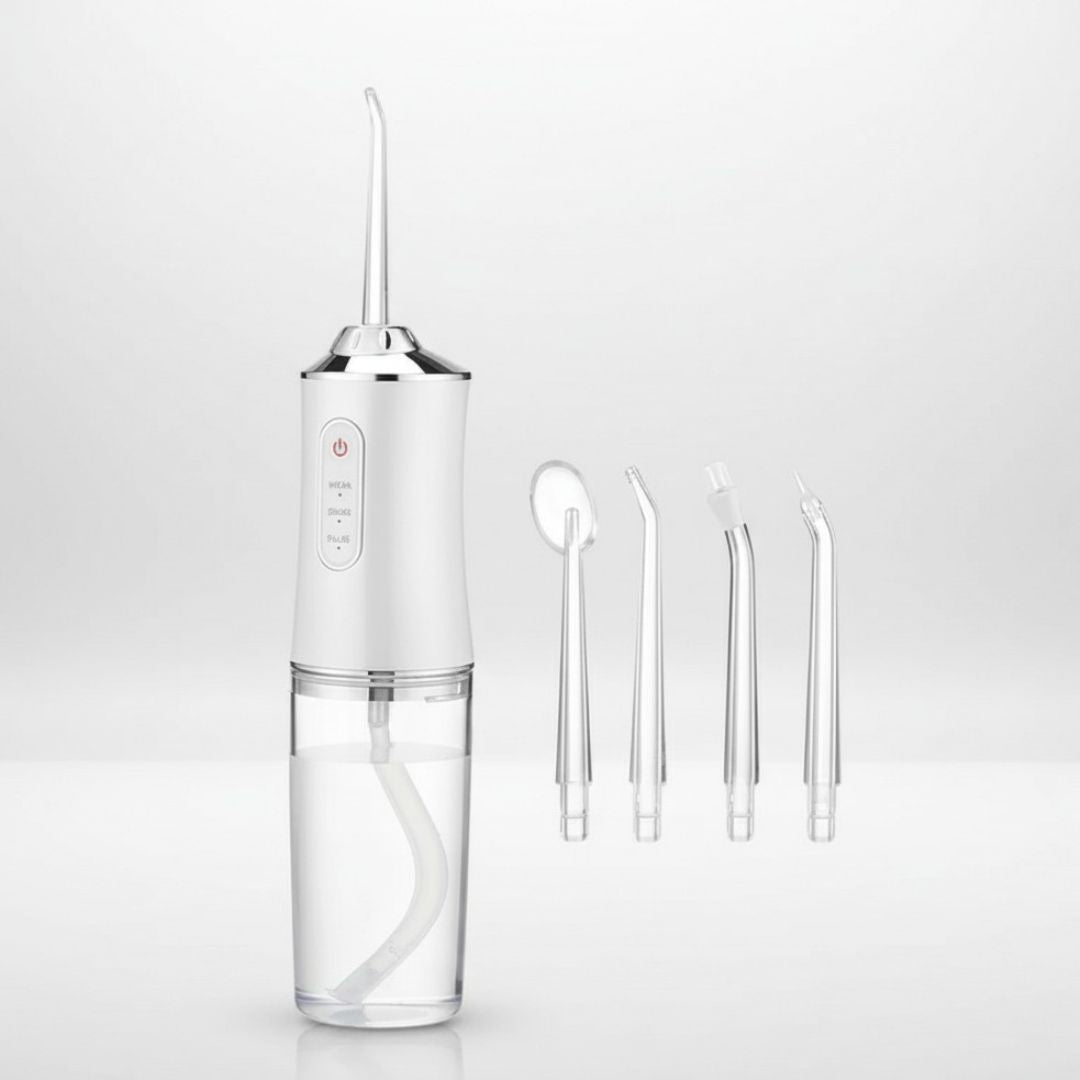 Elektrische Munddusche zur Zahnreinigung & Zahnfleischpflege – Wasser-Flosser gegen Zahnstein, inkl. 4 Düsen