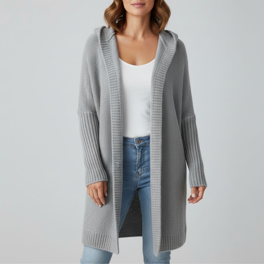 Strickjacke mit Kapuze für Damen – Langer Oversize Cardigan aus Grobstrick für den Winter