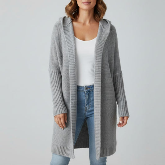 Strickjacke mit Kapuze für Damen – Langer Oversize Cardigan aus Grobstrick für den Winter