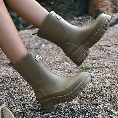 Wasserdichte Schwarze Damen Chelsea Regenstiefel mit Blockabsatz & Profilsohle – Perfekt für Herbst & Nasses Wetter
