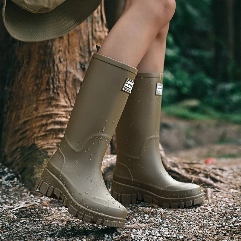 Wasserdichte Schwarze Damen Chelsea Regenstiefel mit Blockabsatz & Profilsohle – Perfekt für Herbst & Nasses Wetter