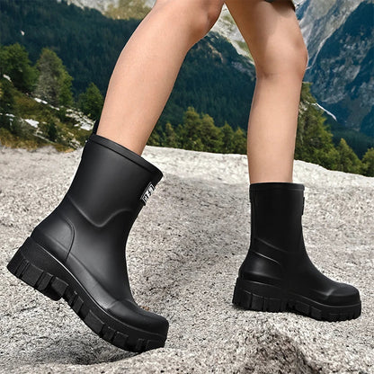 Wasserdichte Schwarze Damen Chelsea Regenstiefel mit Blockabsatz & Profilsohle – Perfekt für Herbst & Nasses Wetter