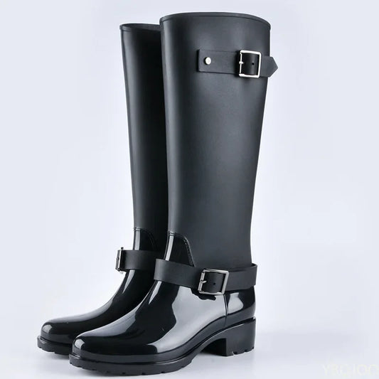 Elegante Hohe Regenstiefel für Damen – Wasserdichte Gummistiefel mit Absatz und Schnallen für den Herbst