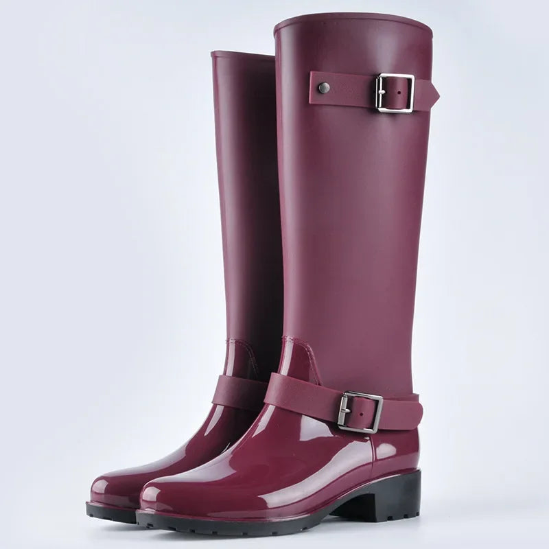 Elegante Hohe Regenstiefel für Damen – Wasserdichte Gummistiefel mit Absatz und Schnallen für den Herbst