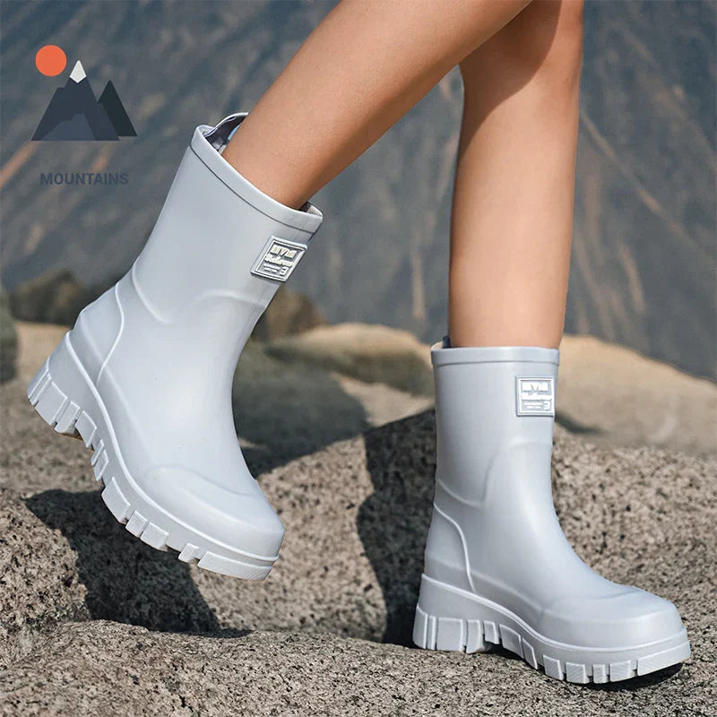 Wasserdichte Schwarze Damen Chelsea Regenstiefel mit Blockabsatz & Profilsohle – Perfekt für Herbst & Nasses Wetter