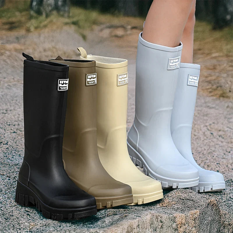 Wasserdichte Schwarze Damen Chelsea Regenstiefel mit Blockabsatz & Profilsohle – Perfekt für Herbst & Nasses Wetter