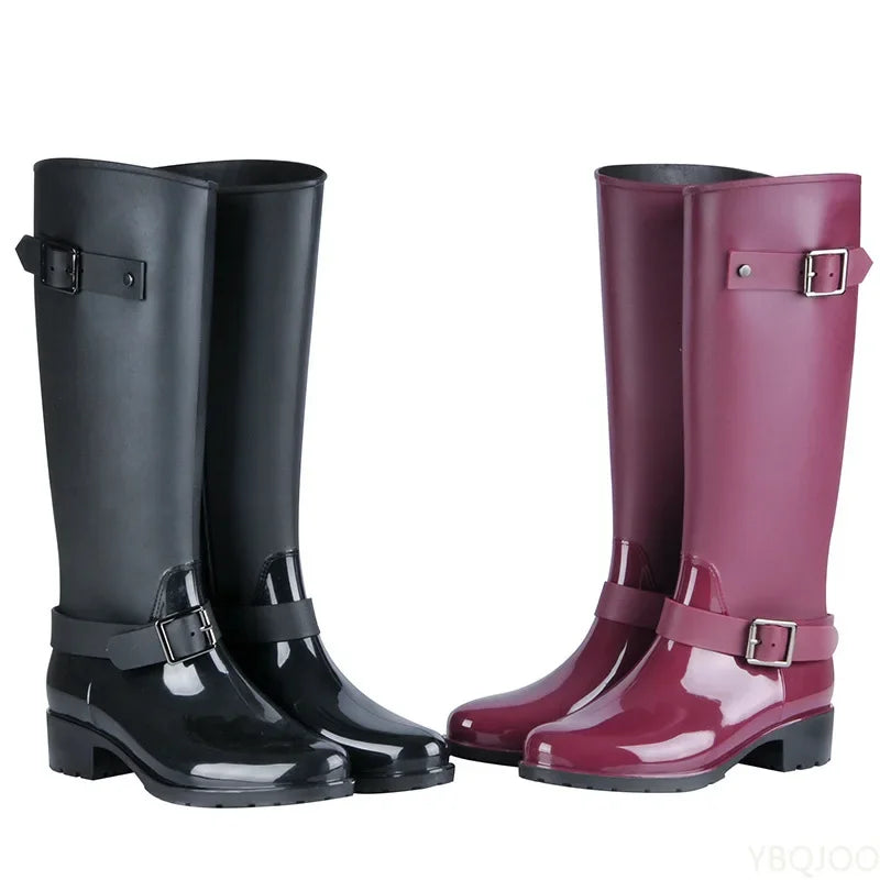 Elegante Hohe Regenstiefel für Damen – Wasserdichte Gummistiefel mit Absatz und Schnallen für den Herbst