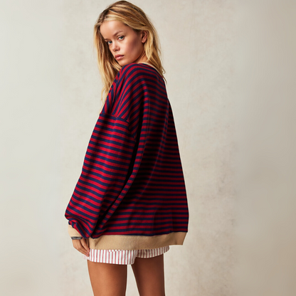 Gestreifter Pullover für Damen – Lockerer Vintage Rundhalspullover mit Kontrastbündchen für den Winter