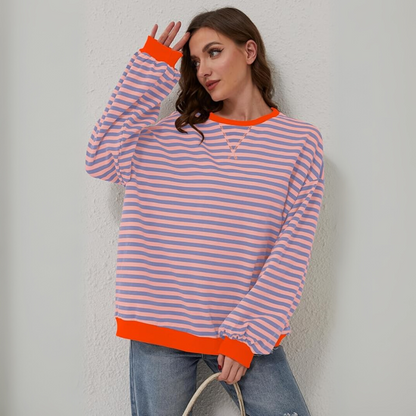 Gestreifter Pullover für Damen – Lockerer Vintage Rundhalspullover mit Kontrastbündchen für den Winter