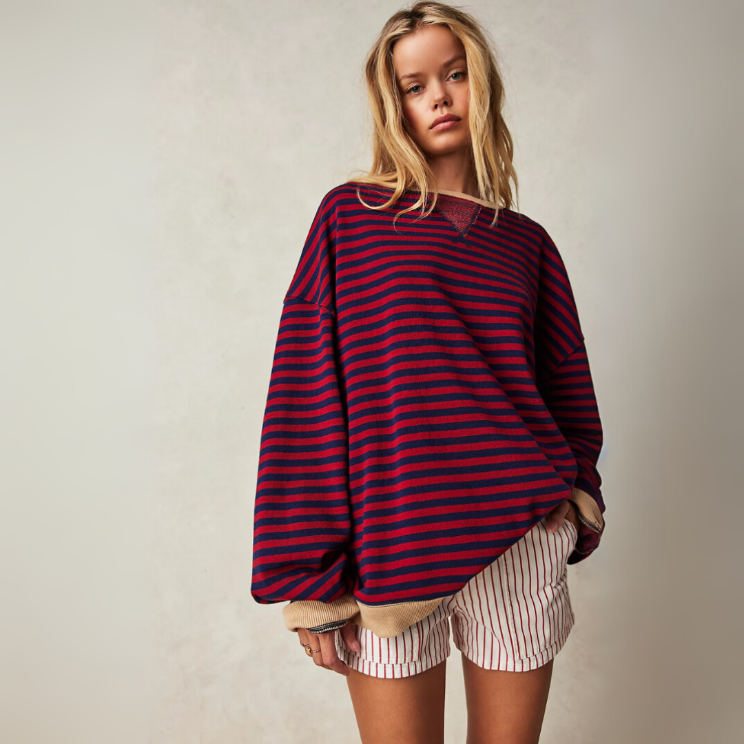Gestreifter Pullover für Damen – Lockerer Vintage Rundhalspullover mit Kontrastbündchen für den Winter