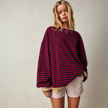 Gestreifter Pullover für Damen – Lockerer Vintage Rundhalspullover mit Kontrastbündchen für den Winter
