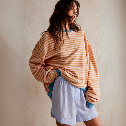Gestreifter Pullover für Damen – Lockerer Vintage Rundhalspullover mit Kontrastbündchen für den Winter
