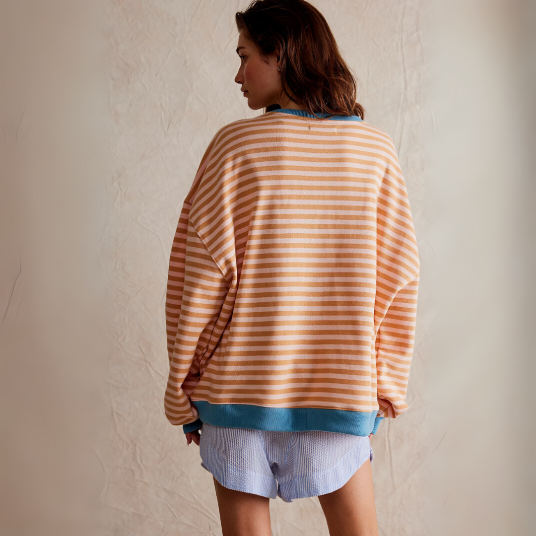 Gestreifter Pullover für Damen – Lockerer Vintage Rundhalspullover mit Kontrastbündchen für den Winter