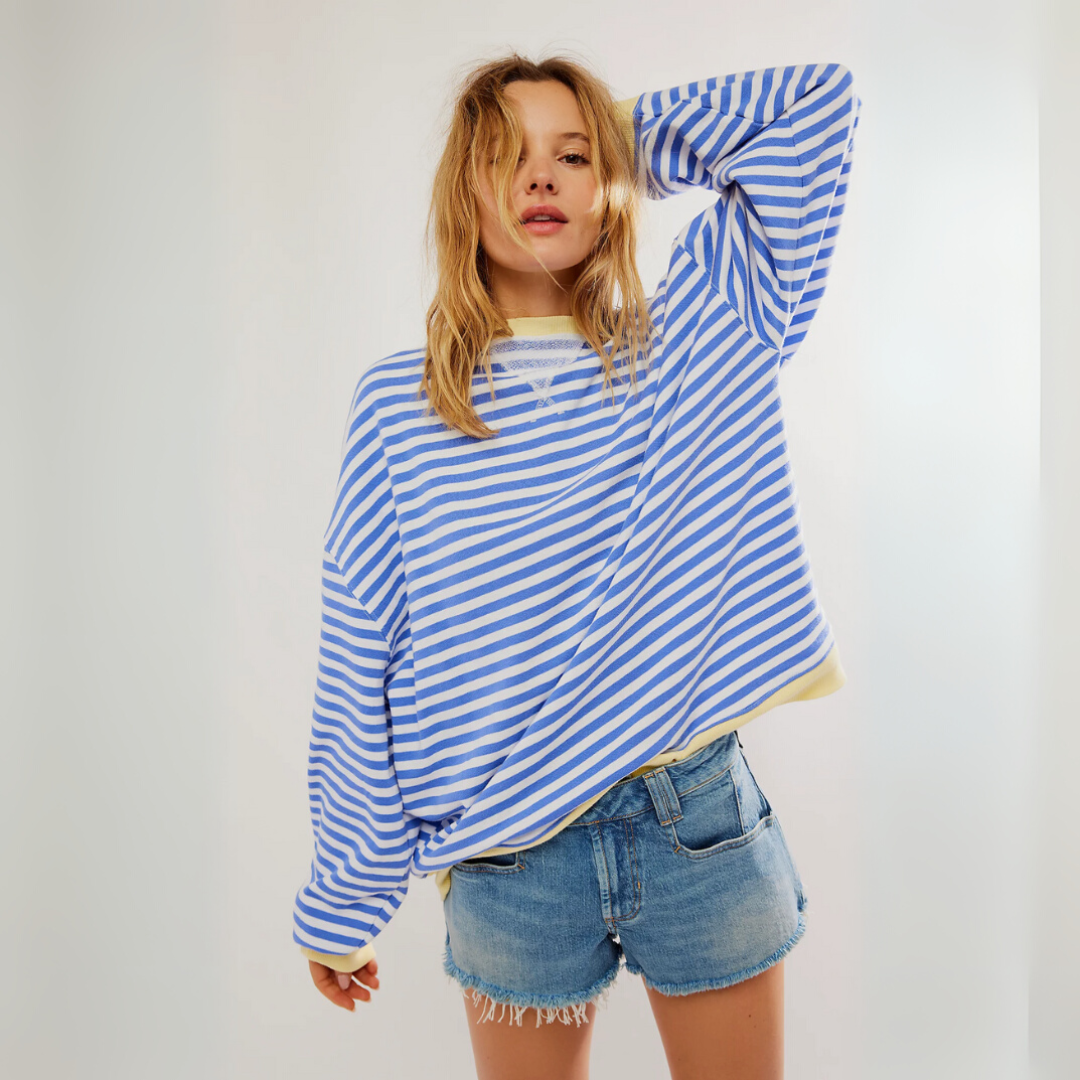 Gestreifter Pullover für Damen – Lockerer Vintage Rundhalspullover mit Kontrastbündchen für den Winter