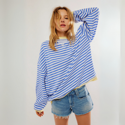 Gestreifter Pullover für Damen – Lockerer Vintage Rundhalspullover mit Kontrastbündchen für den Winter