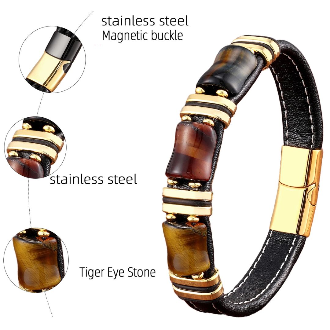 Elegantes Tigerauge Naturstein-Lederarmband – Zeitlose Stärke und Stil