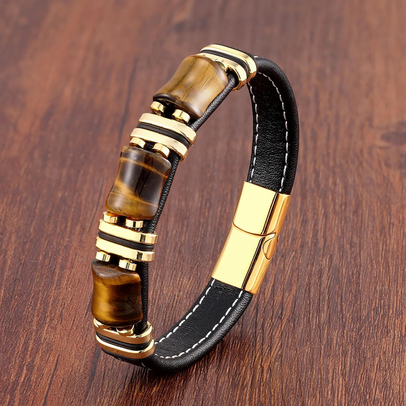 Elegantes Tigerauge Naturstein-Lederarmband – Zeitlose Stärke und Stil