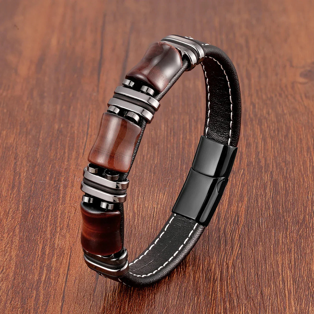 Elegantes Tigerauge Naturstein-Lederarmband – Zeitlose Stärke und Stil