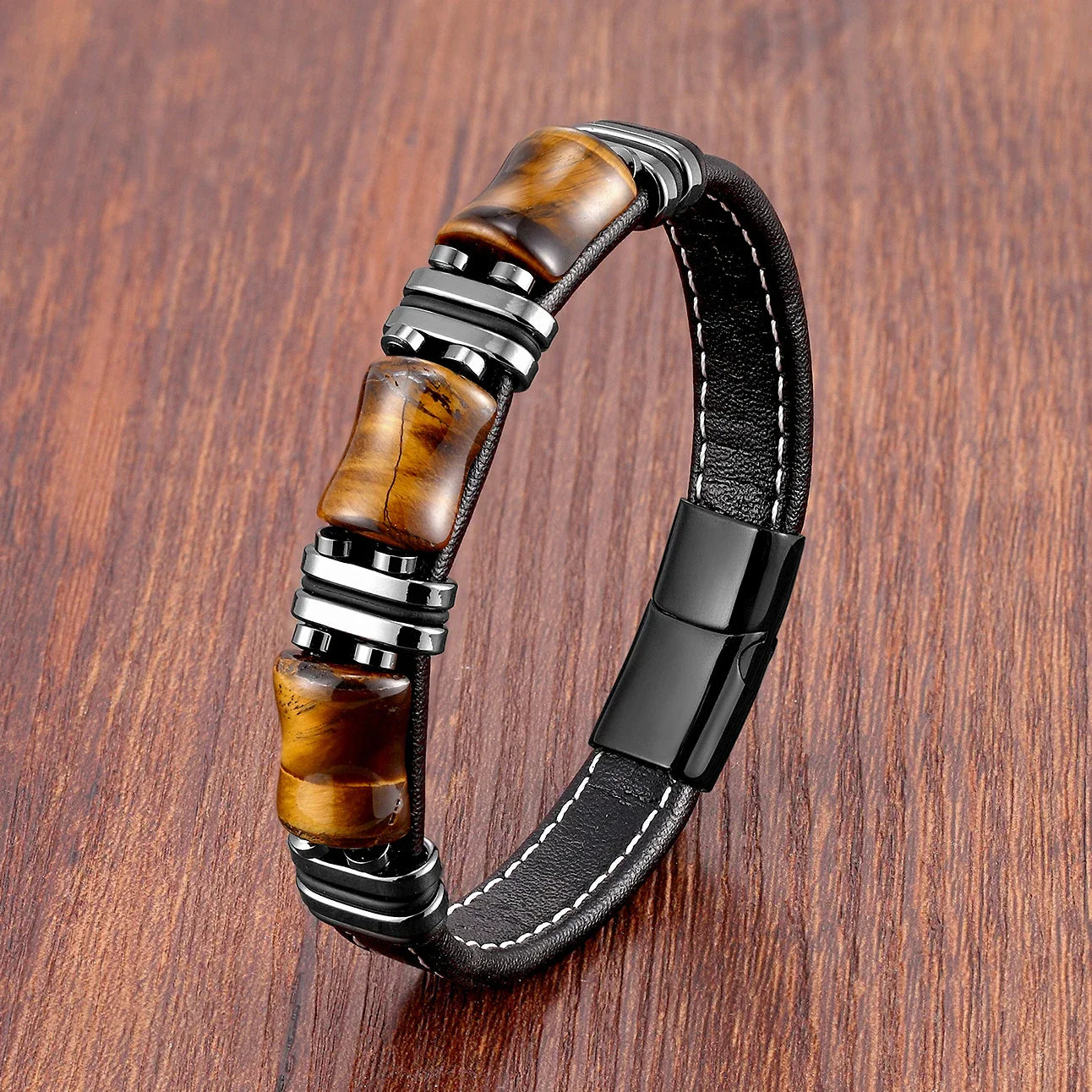 Elegantes Tigerauge Naturstein-Lederarmband – Zeitlose Stärke und Stil