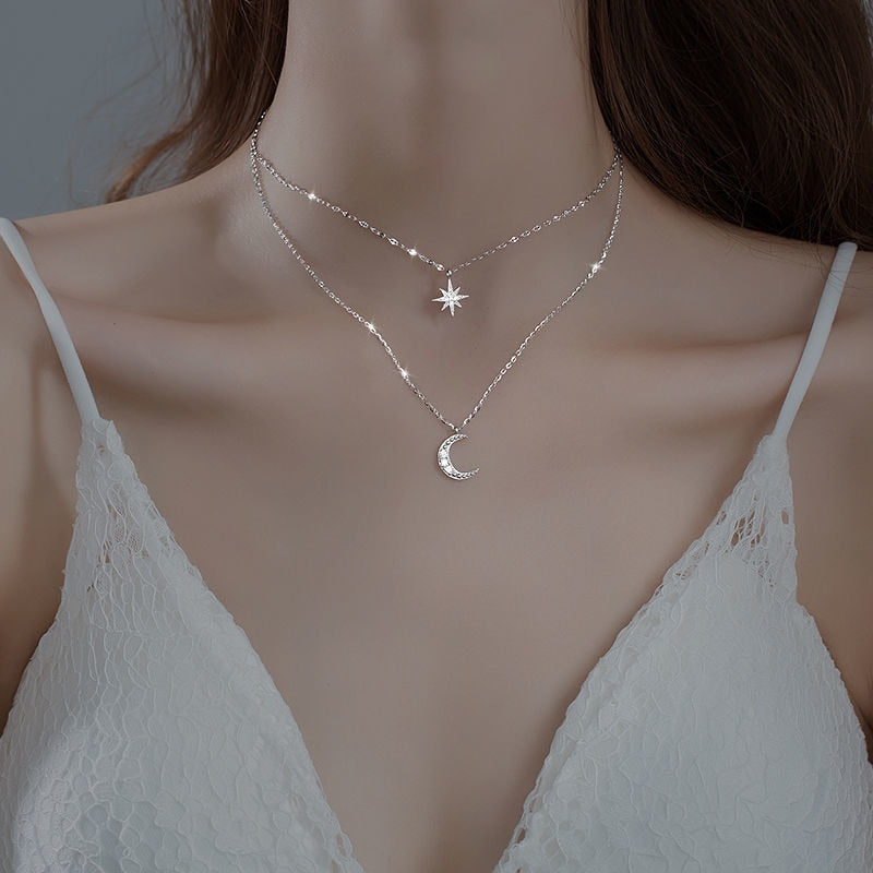 Doppelmond | Elegante Doppelte Mond-Halskette aus Sterlingsilber für Damen