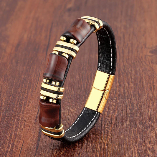 Elegantes Tigerauge Naturstein-Lederarmband – Zeitlose Stärke und Stil