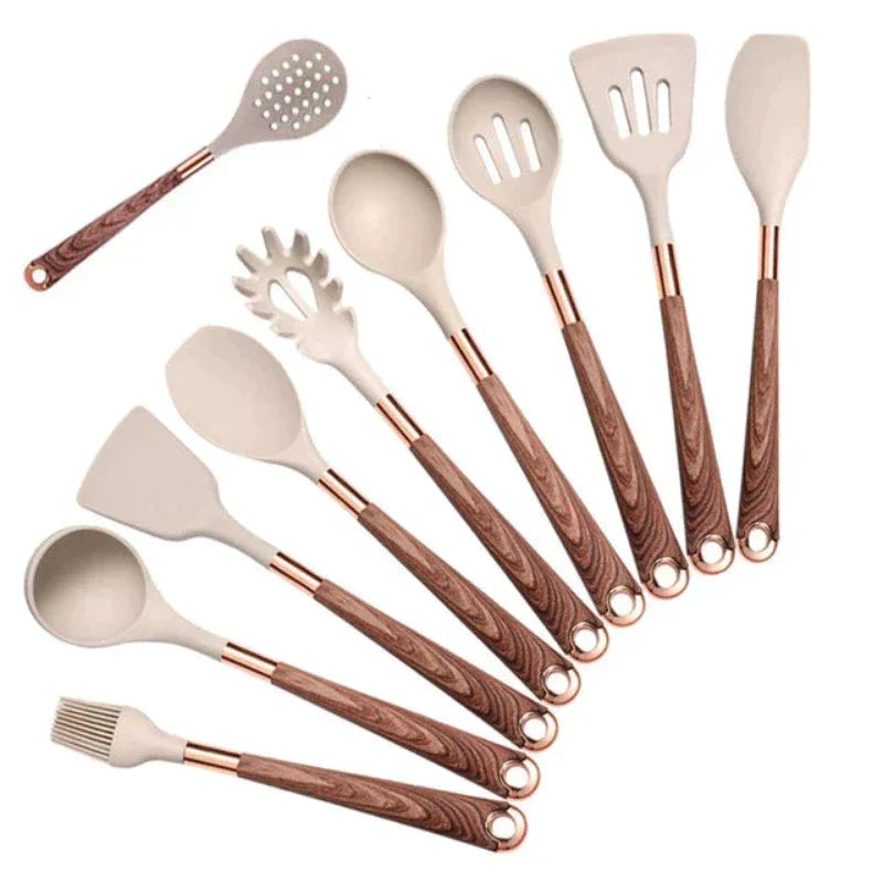 Silikraft Kochgeschirr-Set – Hitzebeständiges Silikon mit Holzgriffen für einfache und stilvolle Küche