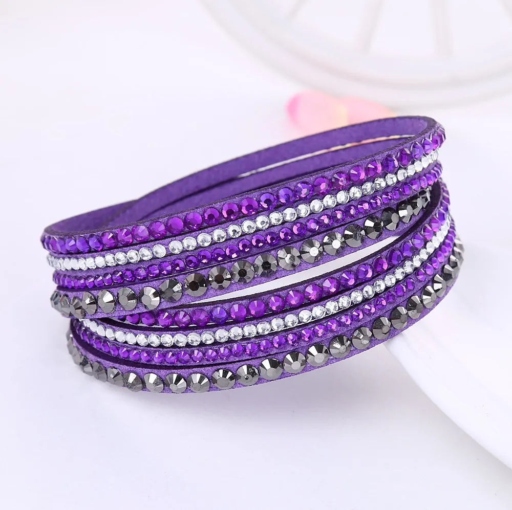 Funkelndes mehrschichtiges Strass-Wickelarmband aus Leder