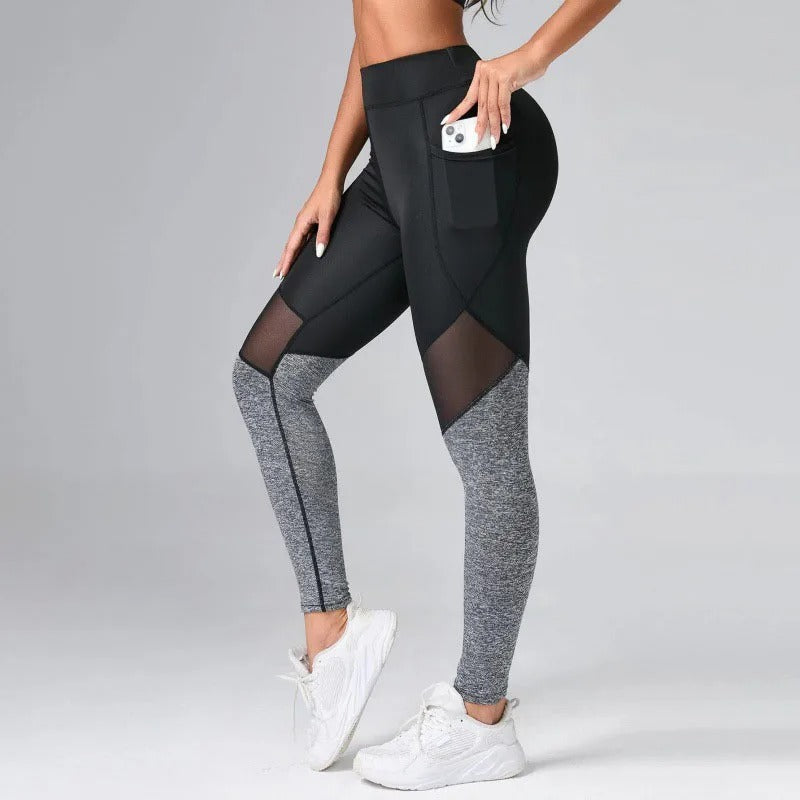 Damen Nahtlose Mesh Leggings - Hohe Taille Push-Up Yogahosen mit Seitentasche